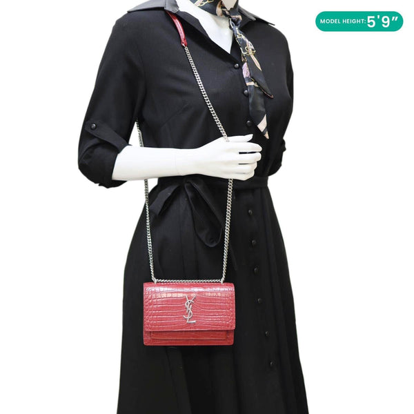 YVES SAINT LAURENT Monogram Sunset Crocodile Embossed Leather Crossbody Bag Red