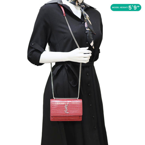 YVES SAINT LAURENT Monogram Sunset Crocodile Embossed Leather Crossbody Bag Red