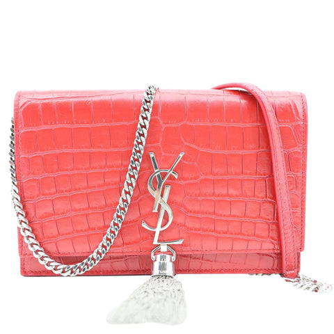 YVES SAINT LAURENT Kate Tassel Crocodile Embossed Leather Crossbody Bag Red