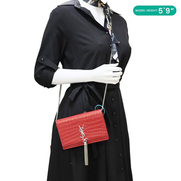 YVES SAINT LAURENT Kate Tassel Crocodile Embossed Leather Crossbody Bag Red