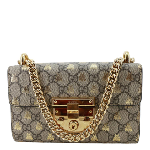 GUCCI Padlock Small GG Supreme Bees Canvas Shoulder Bag Beige 409487