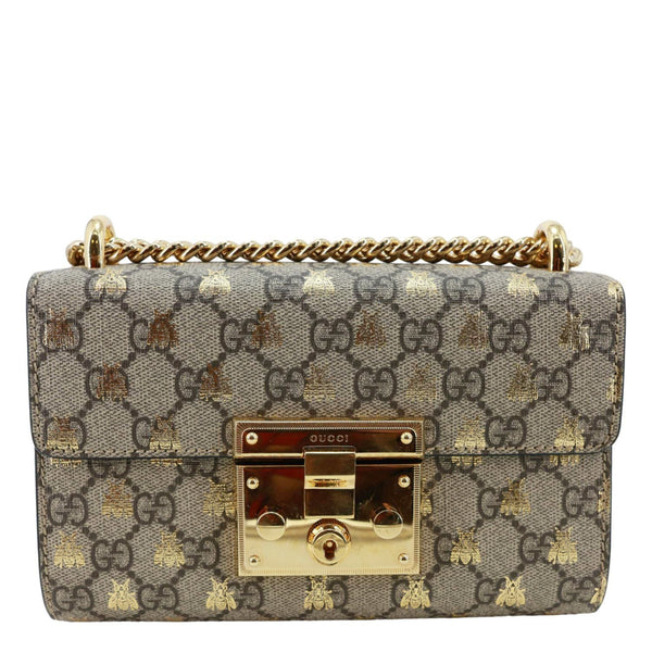 GUCCI Padlock Small GG Supreme Bees Canvas Shoulder Bag Beige 409487