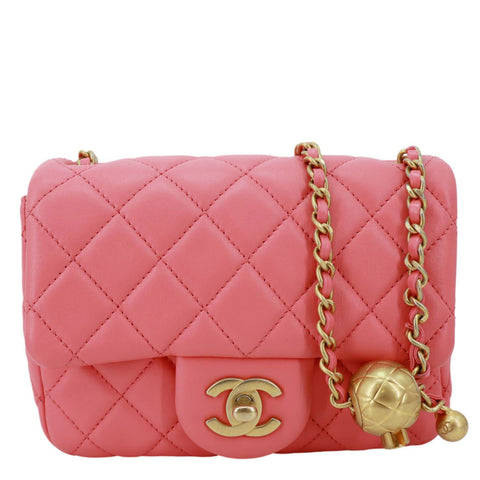 CHANEL Pearl Crush Square Flap Mini Quilted Lambskin Leather Shoulder Bag Pink
