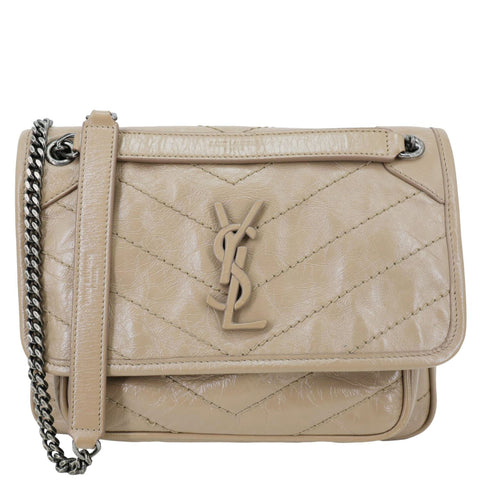 YVES SAINT LAURENT Niki Baby Monogram Crinkled Leather Chain Crossbody Bag Beige