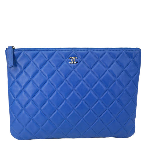 CHANEL O Case Large Quilted Lambskin Leather Clutch Blue