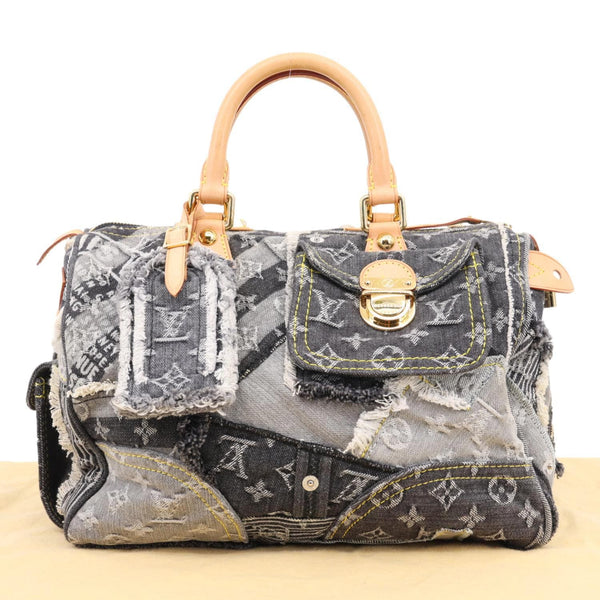 LOUIS VUITTON Speedy Monogram Denim Patchwork Satchel Bag Black