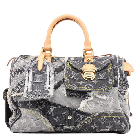 LOUIS VUITTON Speedy Monogram Denim Patchwork Satchel Bag Black