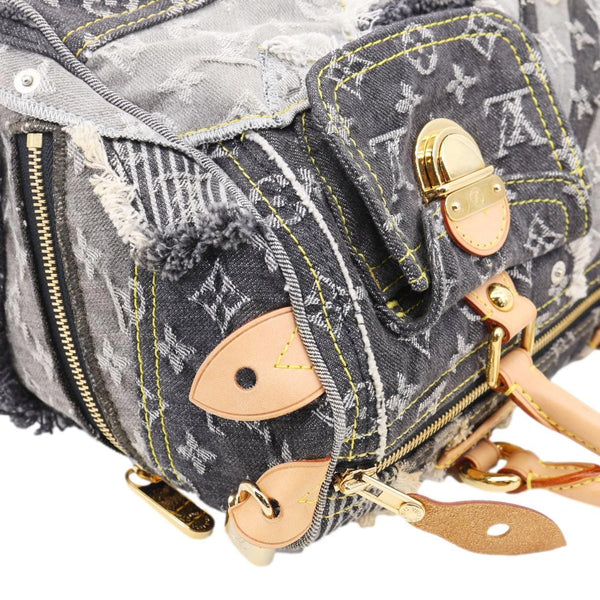 LOUIS VUITTON Speedy Monogram Denim Patchwork Satchel Bag Black