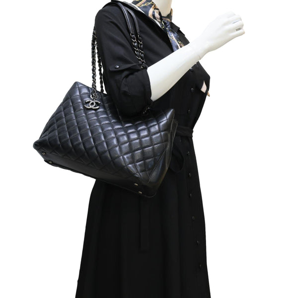 CHANEL City Rock Quilted Caviar Leather Shopping Tote Bag Black