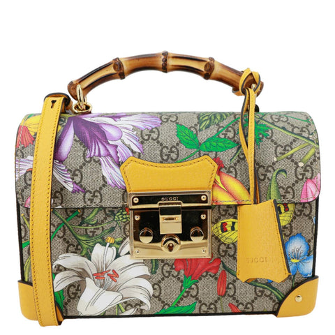 GUCCI Padlock Bamboo Flora GG Supreme Canvas Shoulder Bag Beige 603221
