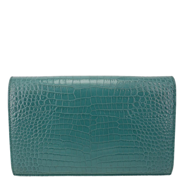 YVES SAINT LAURENT Kate Crocodile Embossed Leather Crossbody Bag Green