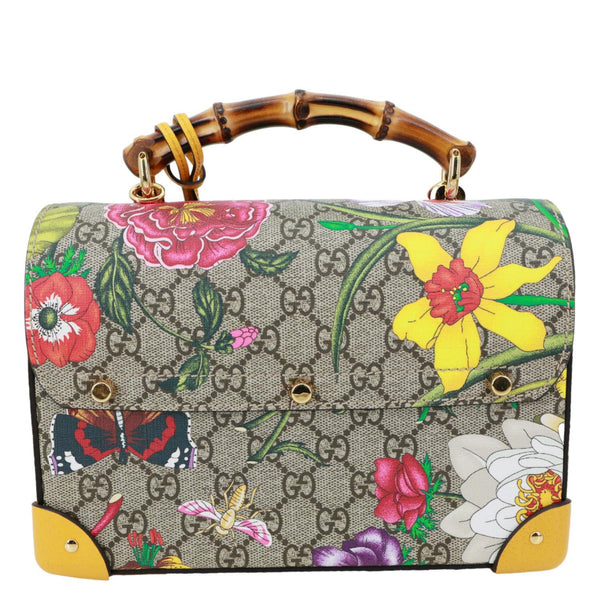 GUCCI Padlock Bamboo Flora GG Supreme Canvas Shoulder Bag Beige 603221