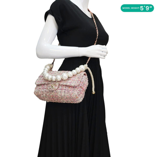 Chanel Pearl Flap Mini Pink Tweed Top Handle Shoulder Bag - Model Wearing