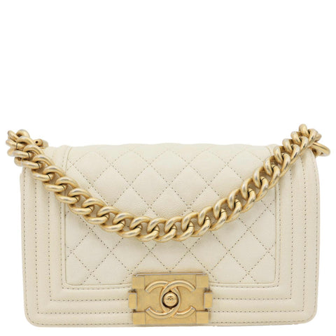 CHANEL Boy Flap Small Quilted Caviar Leather Chain Shoulder Bag Cream