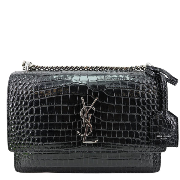YVES SAINT LAURENT Sunset Monogram Crocodile Embossed Leather Crossbody Bag Black