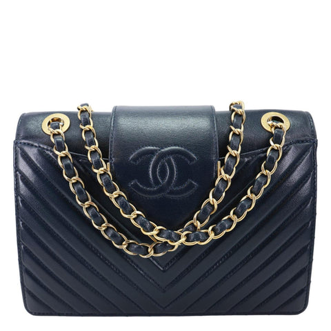 CHANEL Collar and Tie Flap Mini Chevron Sheepskin Leather Crossbody Bag Navy Blue