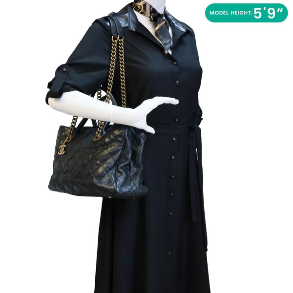 CHANEL Shiva Glazed Quilted Caviar Leather Tote Bag Black