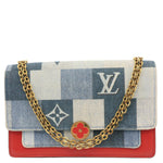 LOUIS VUITTON Patchwork Flore Damier Monogram Denim Chain Wallet Shoulder Bag Blue