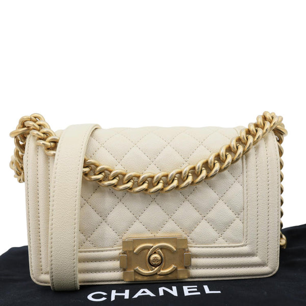 CHANEL Boy Flap Small Quilted Caviar Leather Chain Shoulder Bag Cream