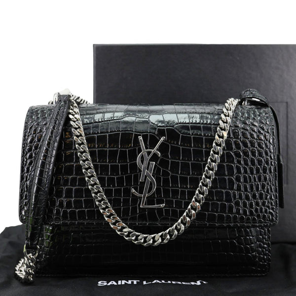 YVES SAINT LAURENT Sunset Monogram Crocodile Embossed Leather Crossbody Bag Black