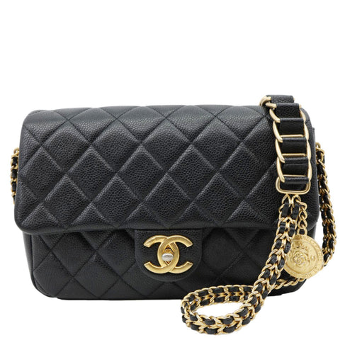 CHANEL Chain Soul Flap Quilted Caviar Leather Crossbody Bag Black