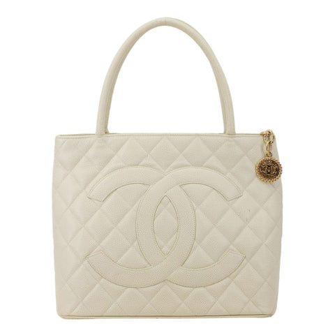 CHANEL Medallion Quilted Caviar Leather Tote Bag White