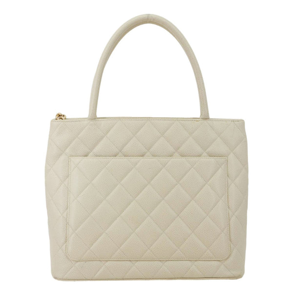 CHANEL Medallion Quilted Caviar Leather Tote Bag White