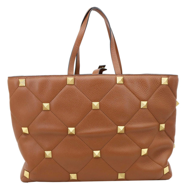 VALENTINO Roman Stud Large Leather Tote Bag Saddle Brown