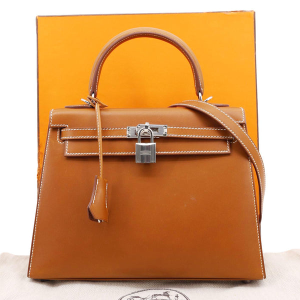 HERMES Kelly 25 Sellier Calfskin Leather Shoulder Bag Brown