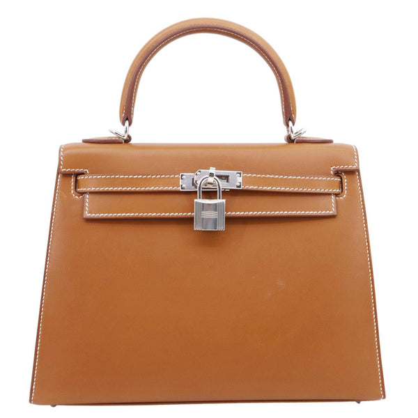 HERMES Kelly 25 Sellier Calfskin Leather Shoulder Bag Brown