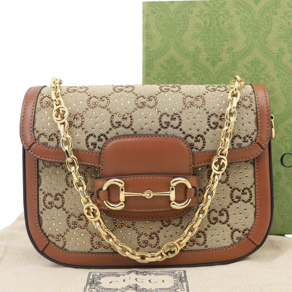 GUCCI Horsebit 1955 Crystal Mini GG Monogram Canvas Shoulder Bag Beige 675801
