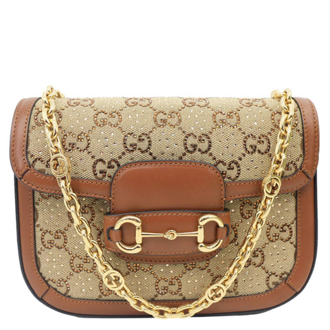 GUCCI Horsebit 1955 Crystal Mini GG Monogram Canvas Shoulder Bag Beige 675801
