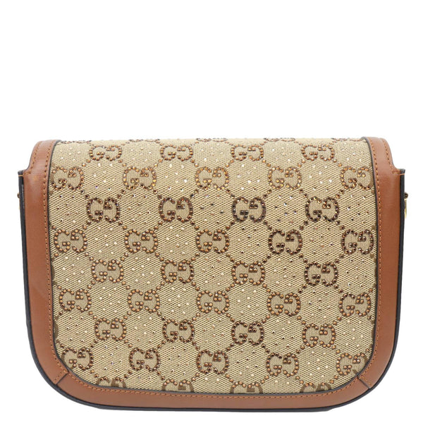 GUCCI Horsebit 1955 Crystal Mini GG Monogram Canvas Shoulder Bag Beige 675801