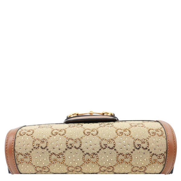 GUCCI Horsebit 1955 Crystal Mini GG Monogram Canvas Shoulder Bag Beige 675801