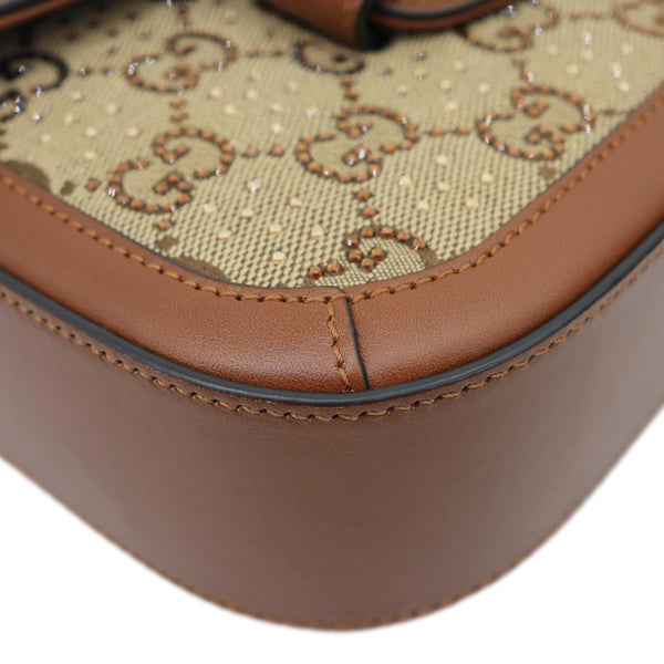 GUCCI Horsebit 1955 Crystal Mini GG Monogram Canvas Shoulder Bag Beige 675801
