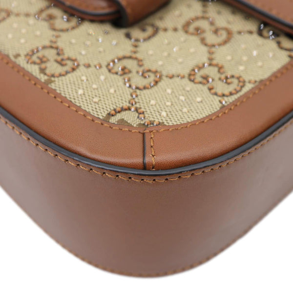 GUCCI Horsebit 1955 Crystal Mini GG Monogram Canvas Shoulder Bag Beige 675801