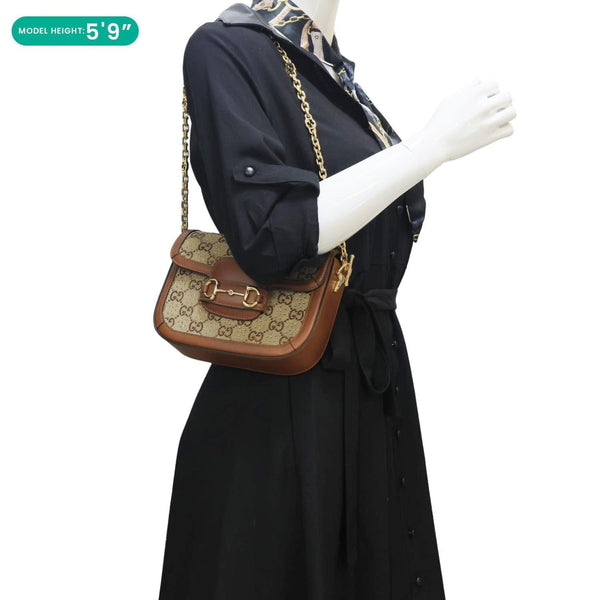 GUCCI Horsebit 1955 Crystal Mini GG Monogram Canvas Shoulder Bag Beige 675801