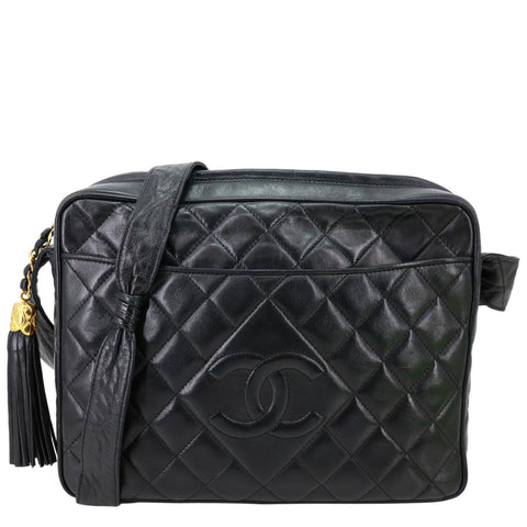 CHANEL CC Tassel Vintage Lambskin Quilted Leather Camera Bag Black