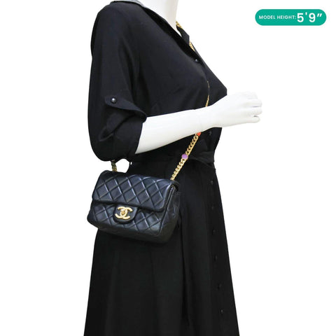 CHANEL Resin Pearl Samba Flap Quilted Leather Crossbody Bag Black