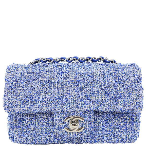 CHANEL Classic Rectangular Flap Mini  Quilted Tweed Crossbody Bag Blue