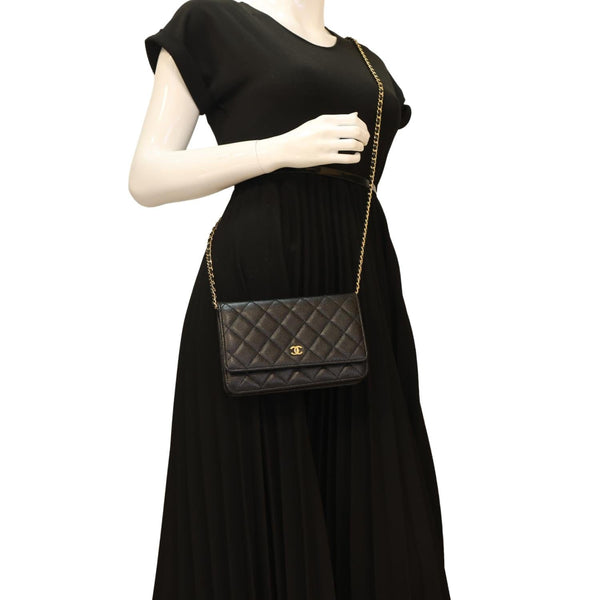 CHANEL Wallet On Chain Quilted Caviar Leather Crossbody Bag Black