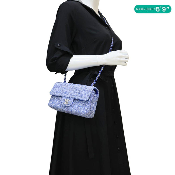 CHANEL Classic Rectangular Flap Mini  Quilted Tweed Crossbody Bag Blue
