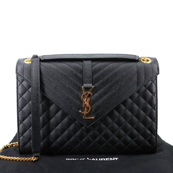 YVES SAINT LAURENT Envelope Flap Chevron Grain De Poudre Chain Shoulder Bag Black