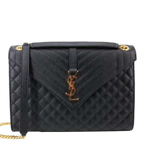 YVES SAINT LAURENT Envelope Flap Chevron Grain De Poudre Chain Shoulder Bag Black