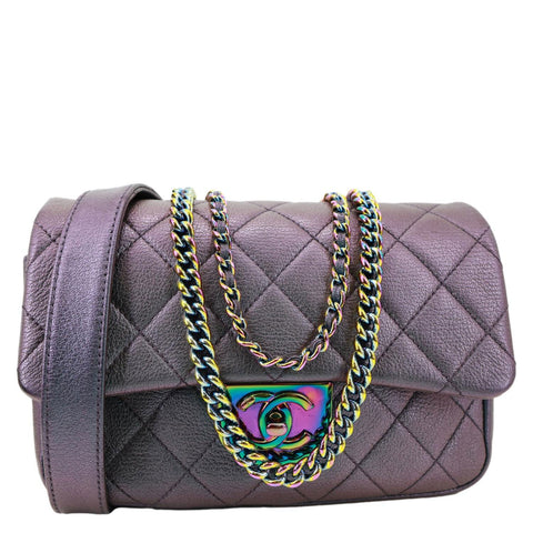 CHANEL Double Carry Waist Flap Small Iridescent Quilted Goatskin Chain Shoulder Bag Purple