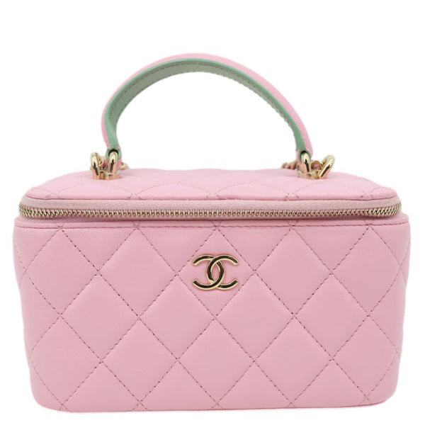 CHANEL Vanity Case Small Quilted Leather Top Handle Chain Shoulder Bag Pink
