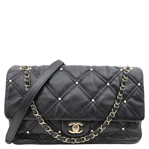 CHANEL CC Pearl Studded Flap Quilted Leather Crossbody Bag Black