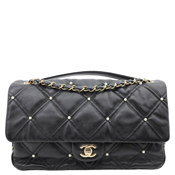 CHANEL CC Pearl Studded Flap Quilted Leather Crossbody Bag Black