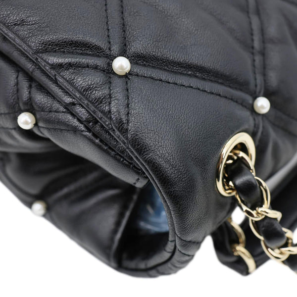 CHANEL CC Pearl Studded Flap Quilted Leather Crossbody Bag Black
