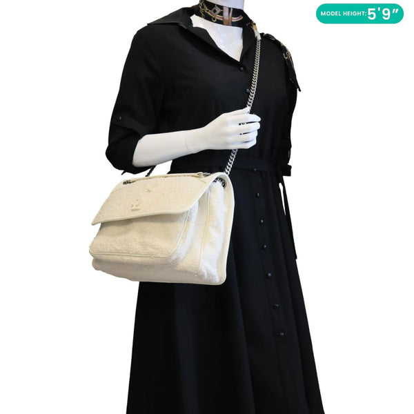 YVES SAINT LAURENT Niki Medium Tweed Shoulder Bag White